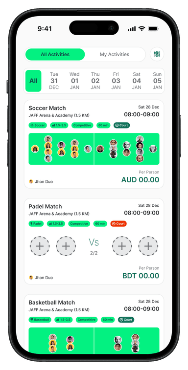 PlayerBash App Activities Screen