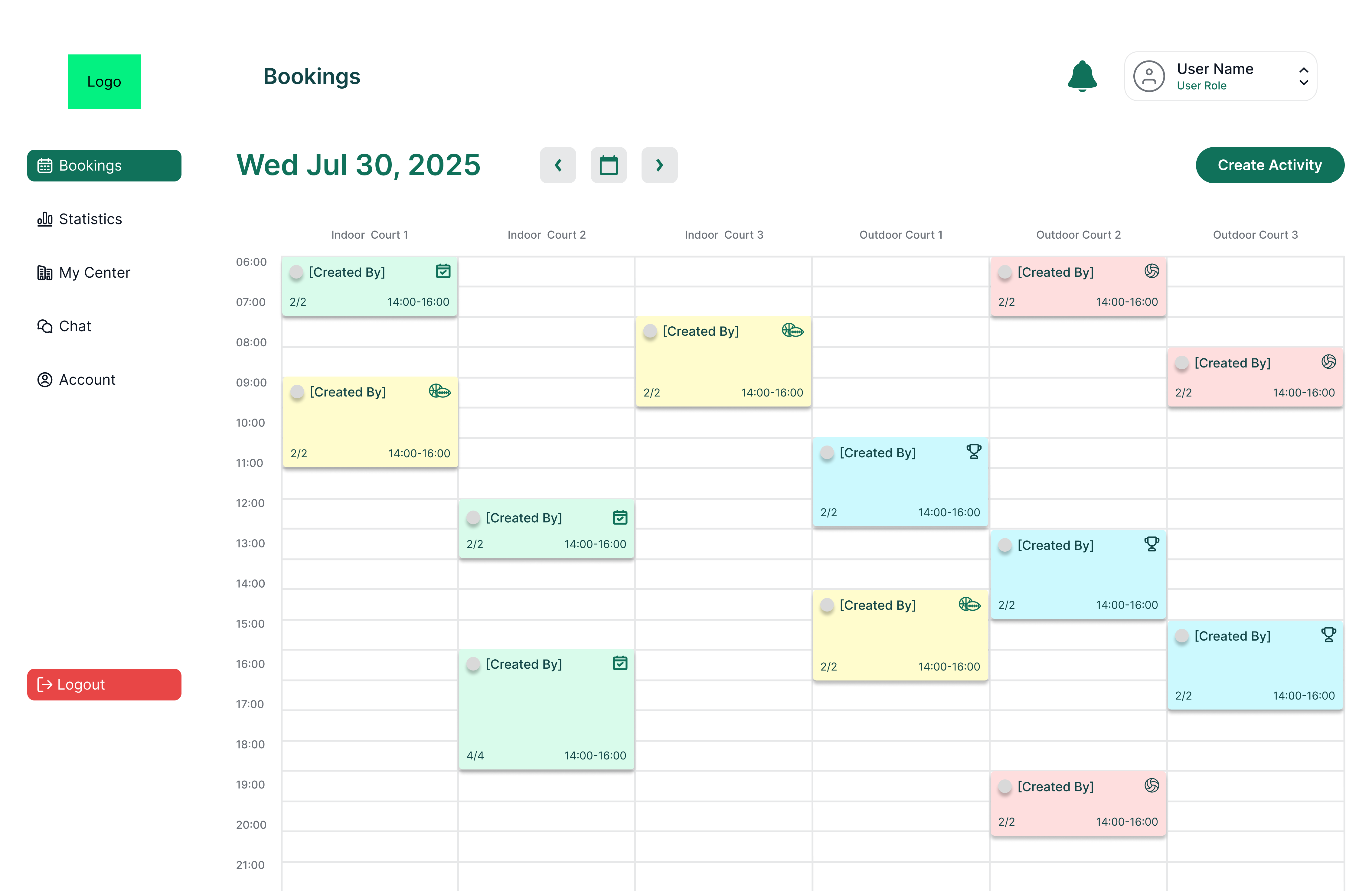 Player Bash centre booking management calendar